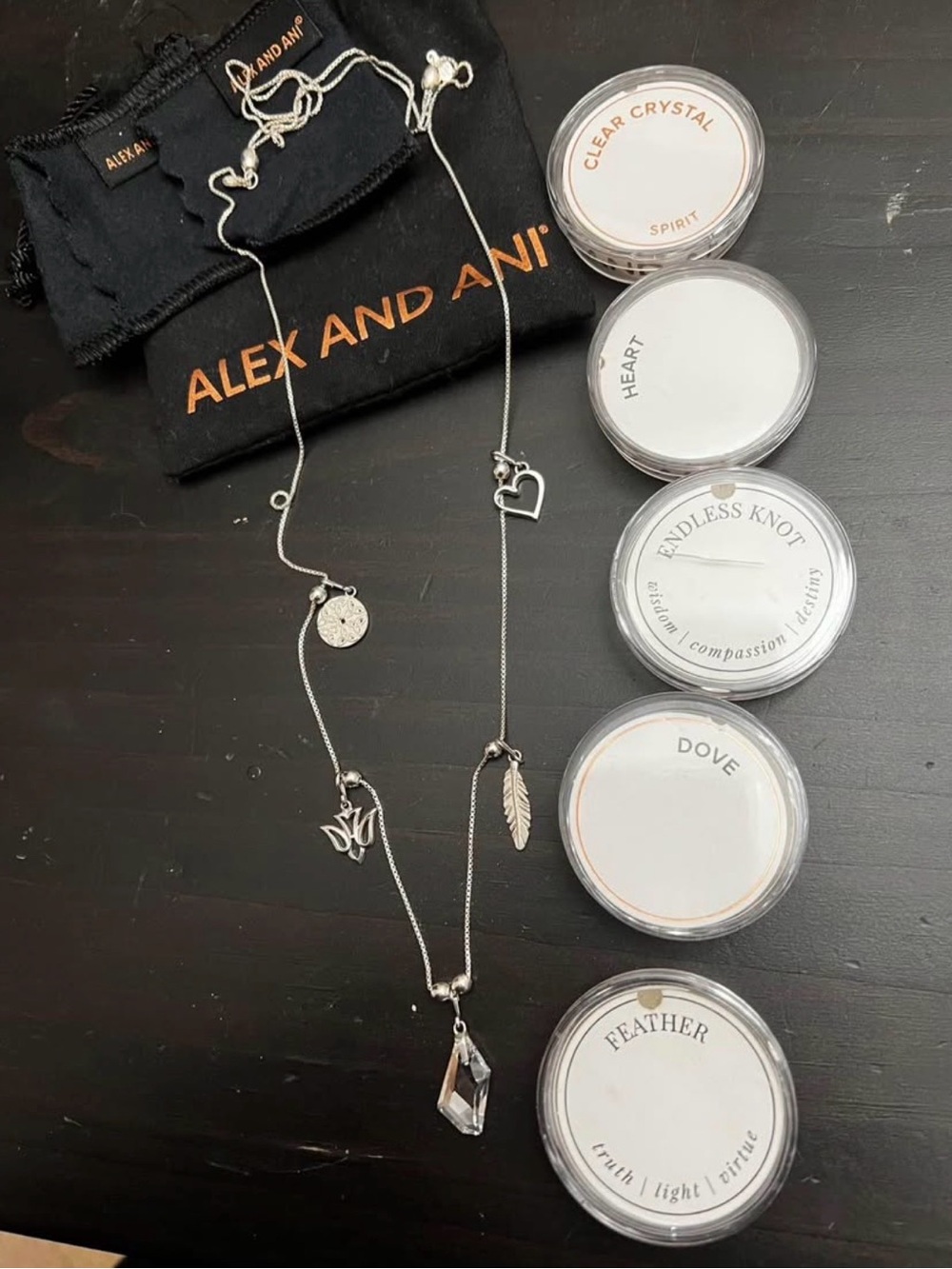 Alex and Ani Silver Charm Layered Necklace with Heart, Feather, and Crystal